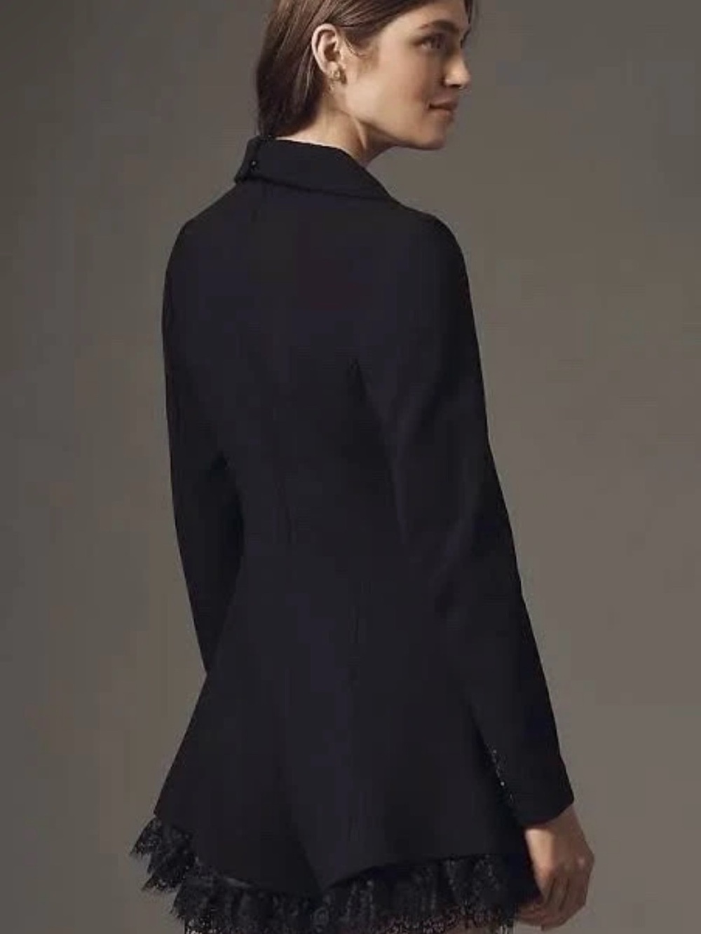 Anthropologie Long-Sleeve Tuxedo Lace-Hem Romper - Black - Size 2 XS NWT - Picture 2 of 16